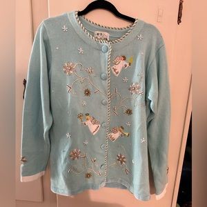 Woman’s Quacker Factory Blue Angels Christmas Sweater Cardigan Vintage Size Lg